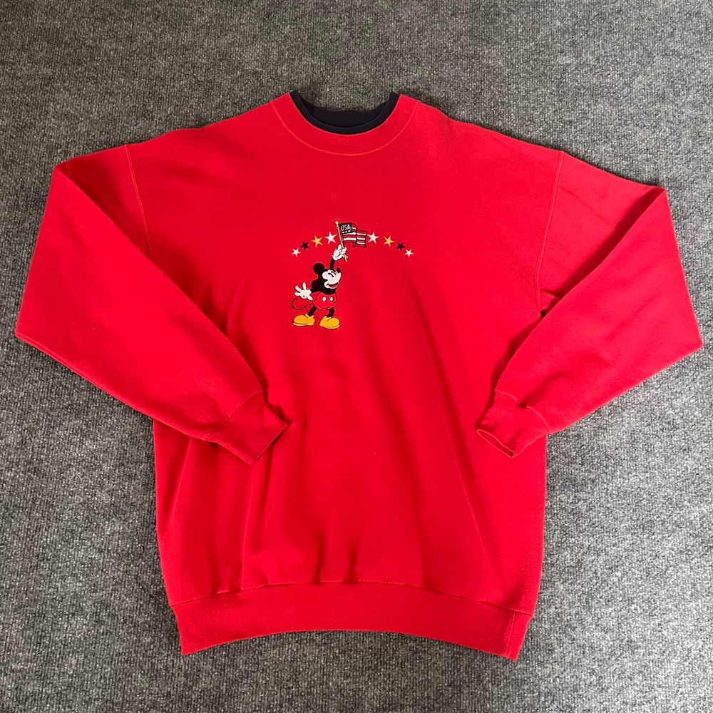 Vintage Disney Mickey Mouse USA Flag Red Double Neck Sweatshirt Large